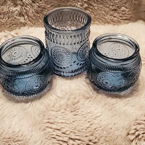 Diamond Lattice Glass Candle Holders Elegant Tealight Cups Baby Blue Cottagecore